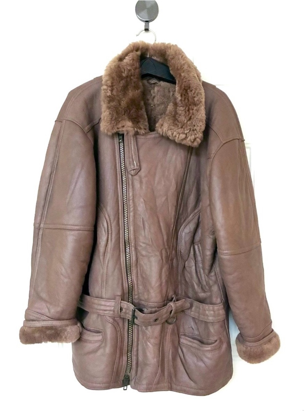 Vintage European Soft Bark Brown, Heavy Shearling Belted Coat w/ 2 Way Zipper
